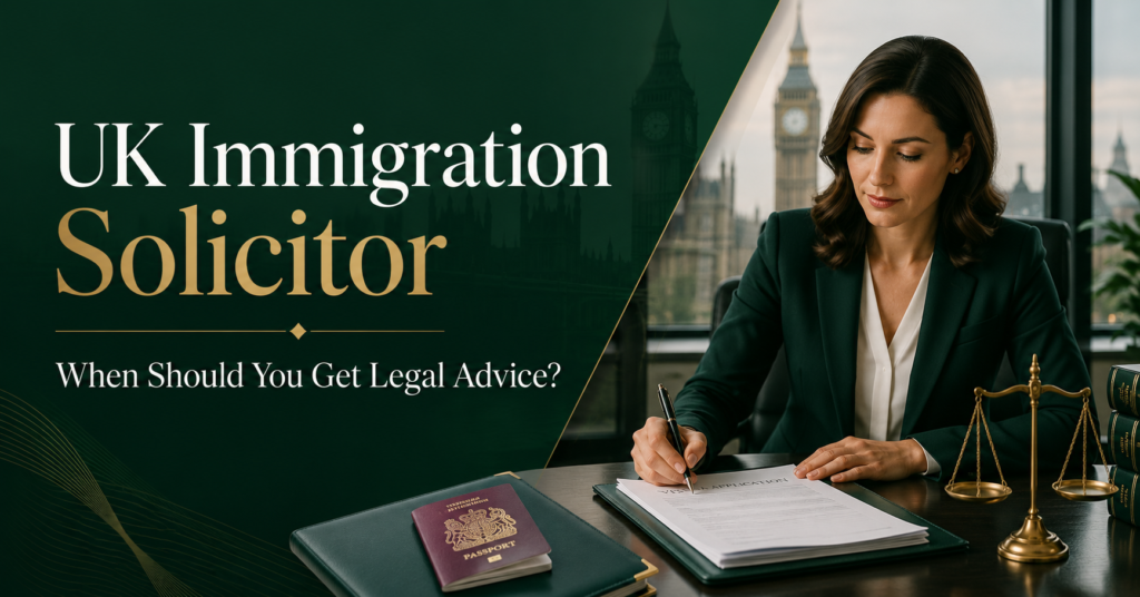 UK immigration solicitor reviewing visa application documents with passport and legal scales in a professional London office.