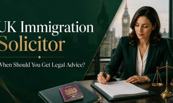 UK immigration solicitor reviewing visa application documents with passport and legal scales in a professional London office.