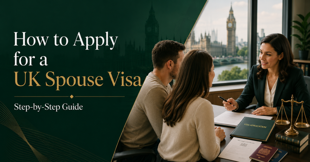 UK spouse visa solicitor advising a couple on their partner visa application with passports, marriage certificate and legal documents.
