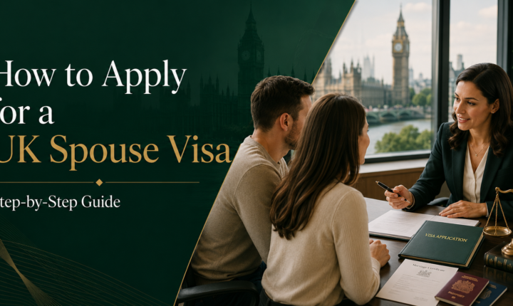 UK spouse visa solicitor advising a couple on their partner visa application with passports, marriage certificate and legal documents.