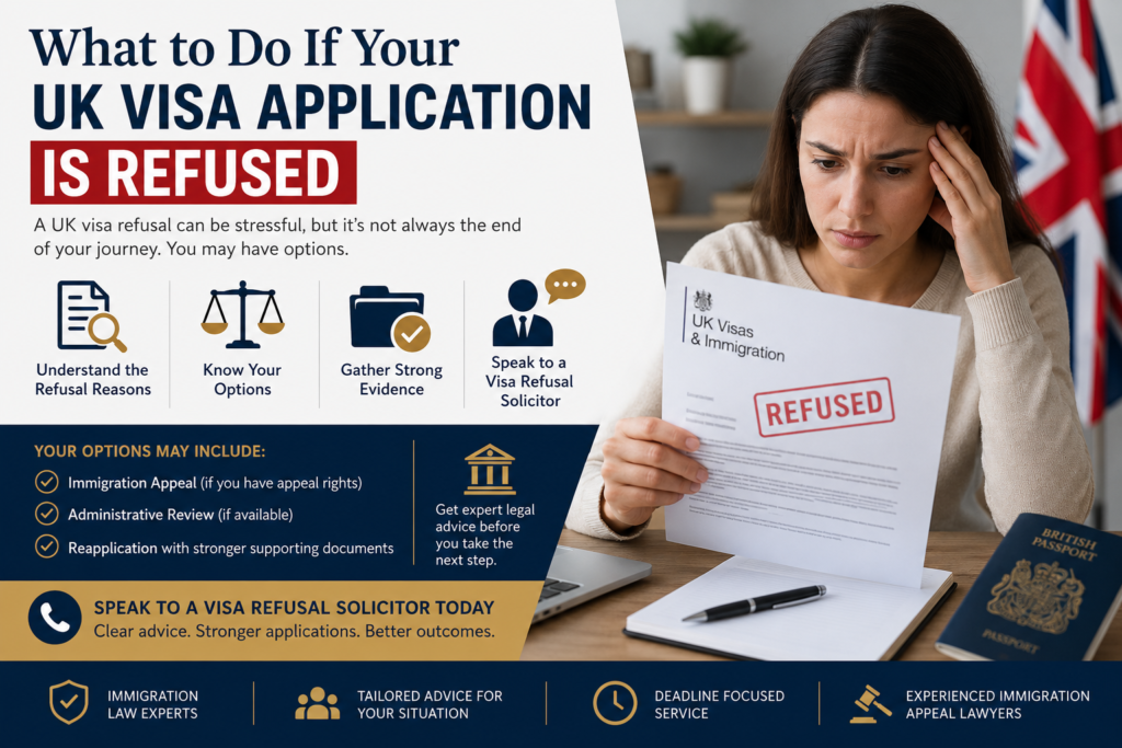 Woman reading a refused UK visa application letter with guidance on appeal, administrative review, reapplication, and speaking to a visa refusal solicitor.