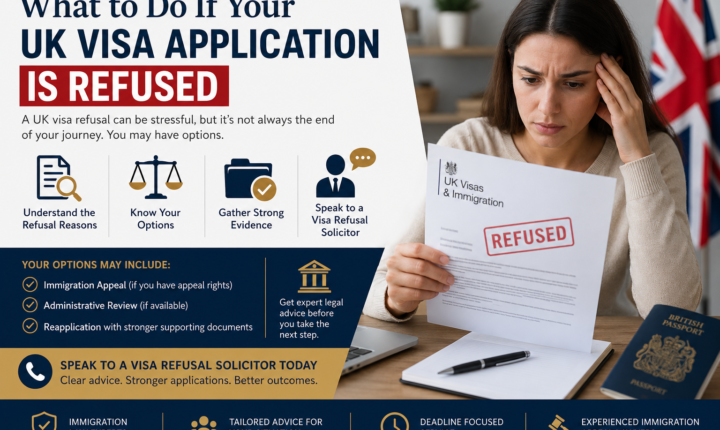 Woman reading a refused UK visa application letter with guidance on appeal, administrative review, reapplication, and speaking to a visa refusal solicitor.