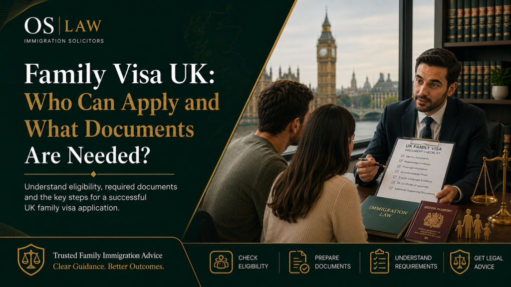 Family visa solicitor in the UK advising a couple about eligibility and required family visa documents