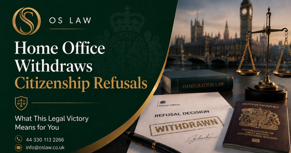 Home Office withdraws citizenship refusals following legal challenges, with British passport, immigration documents and scales of justice.