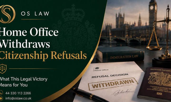 Home Office withdraws citizenship refusals following legal challenges, with British passport, immigration documents and scales of justice.