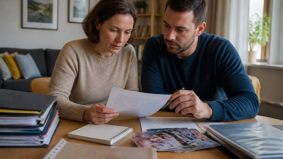 Couple sitting at a desk reviewing documents and photographs together, with organised files and a notebook visible, preparing visa application materials